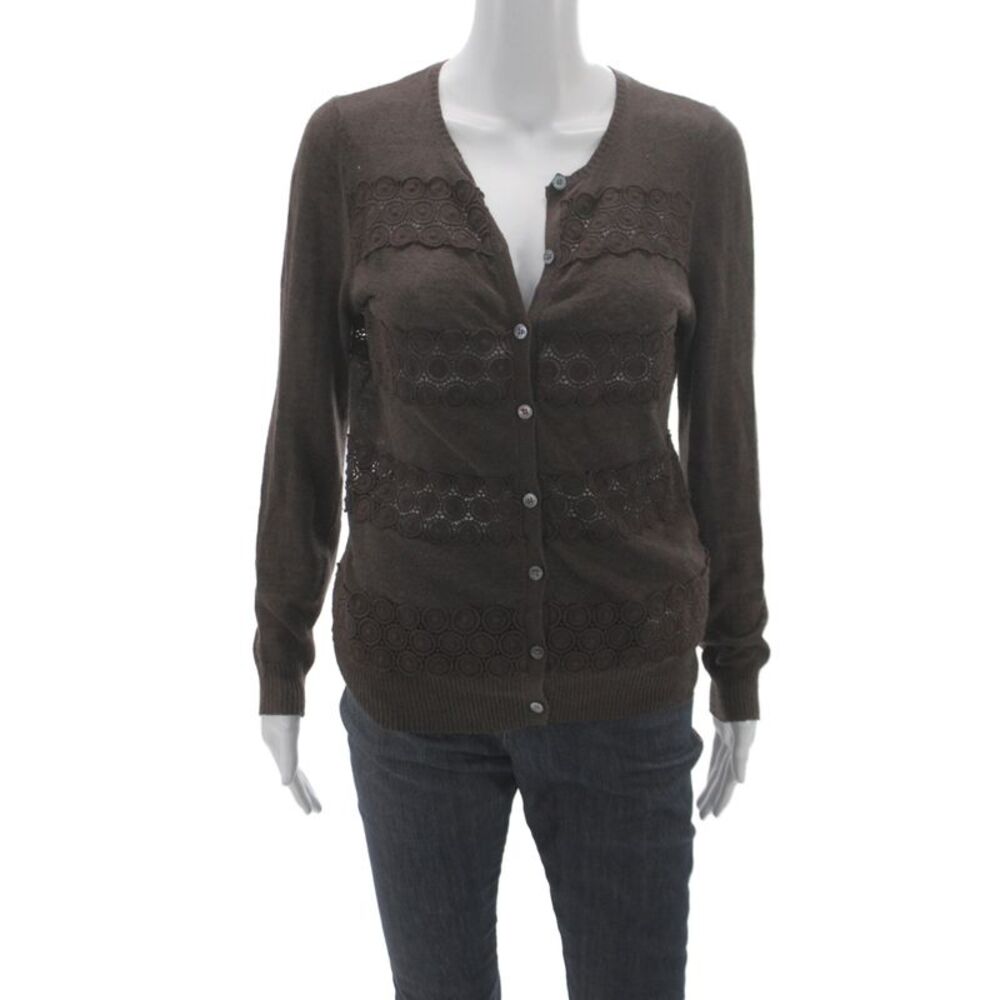 Tory Burch Women Brown Linen V-Neck Long Sleeve Bohemian Cardigan Size S